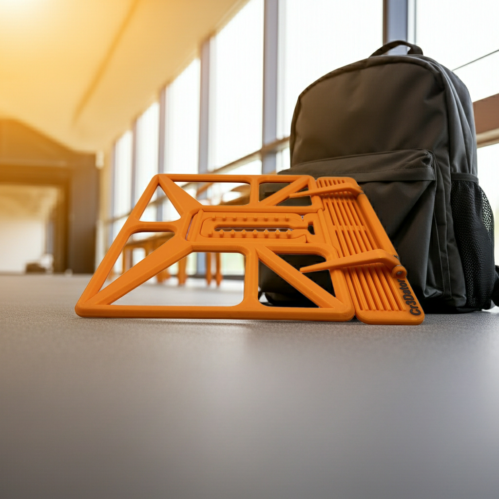 Buchständer in Orange zusammengeklappt neben einer Schultasche