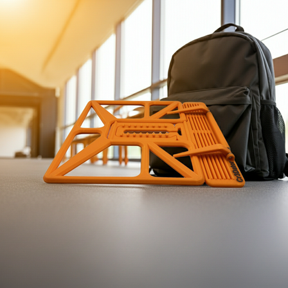 Buchständer in Orange zusammengeklappt neben einer Schultasche